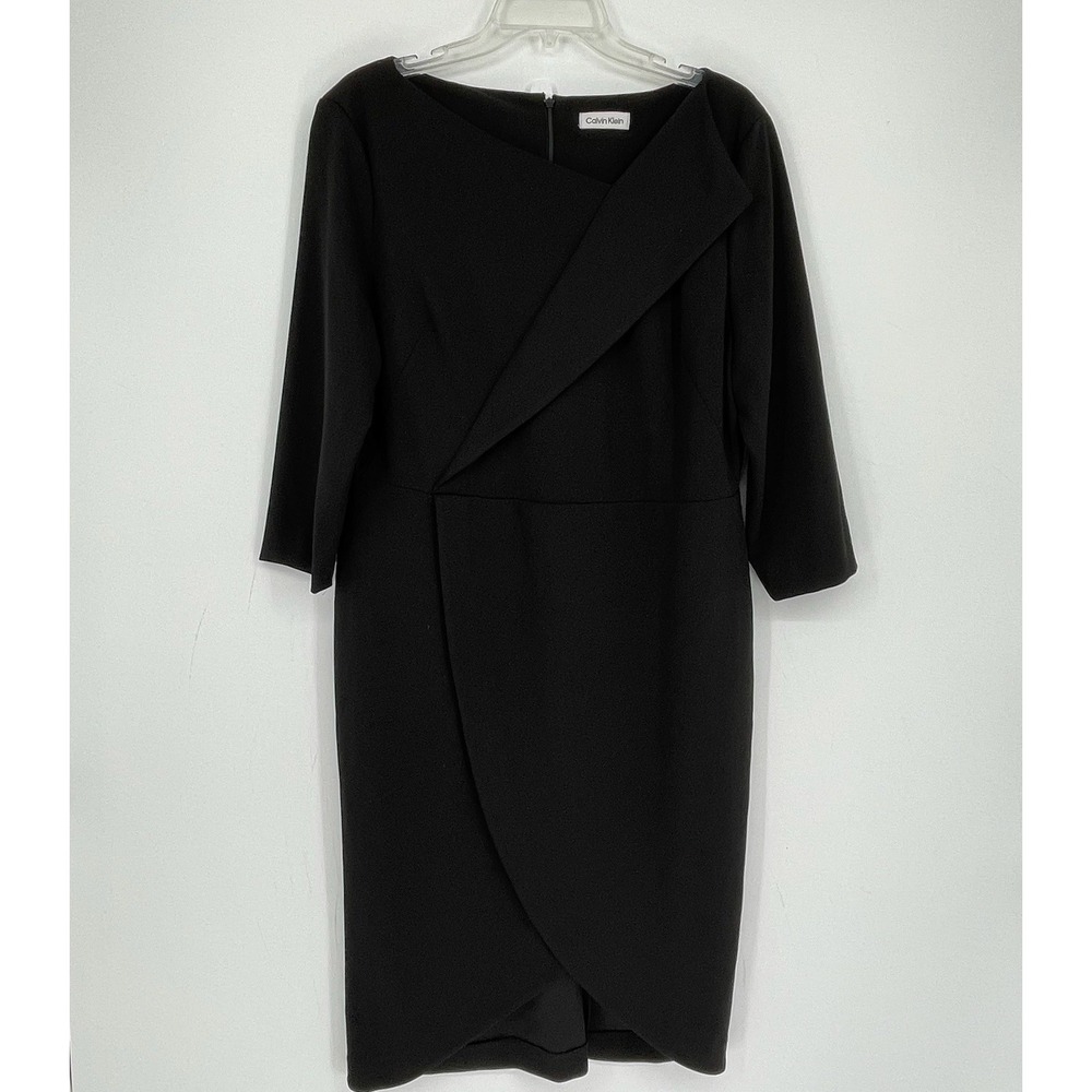 Calvin Klein Women's Black Asymmetric Faux Wrap LBD Sheath Dress Plus Size 14